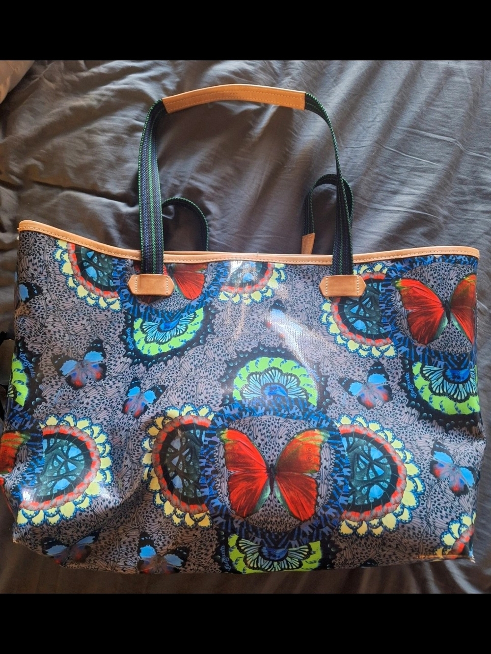 Consuela Red and Blue Butterfly Print Tote with Tan Trim